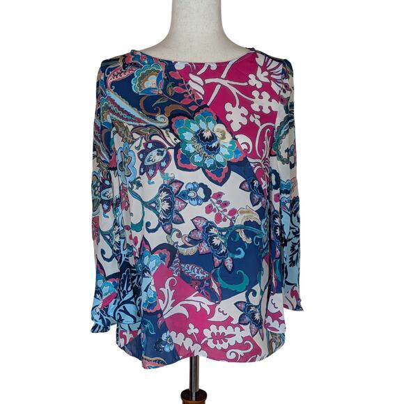 Chico's Tops - Chicos Womens Blouse Size 0 Small Blue Pink Floral Bell Sleeve Colorful